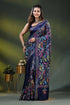 Handcrafted navy blue floral bird design silk kantha stitch saree 1