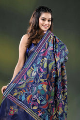 Handcrafted navy blue floral bird design silk kantha stitch saree 2