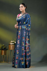 Handcrafted navy blue mandala design floral silk kantha stitch saree 3
