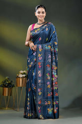 Handcrafted navy blue mandala design floral silk kantha stitch saree 6