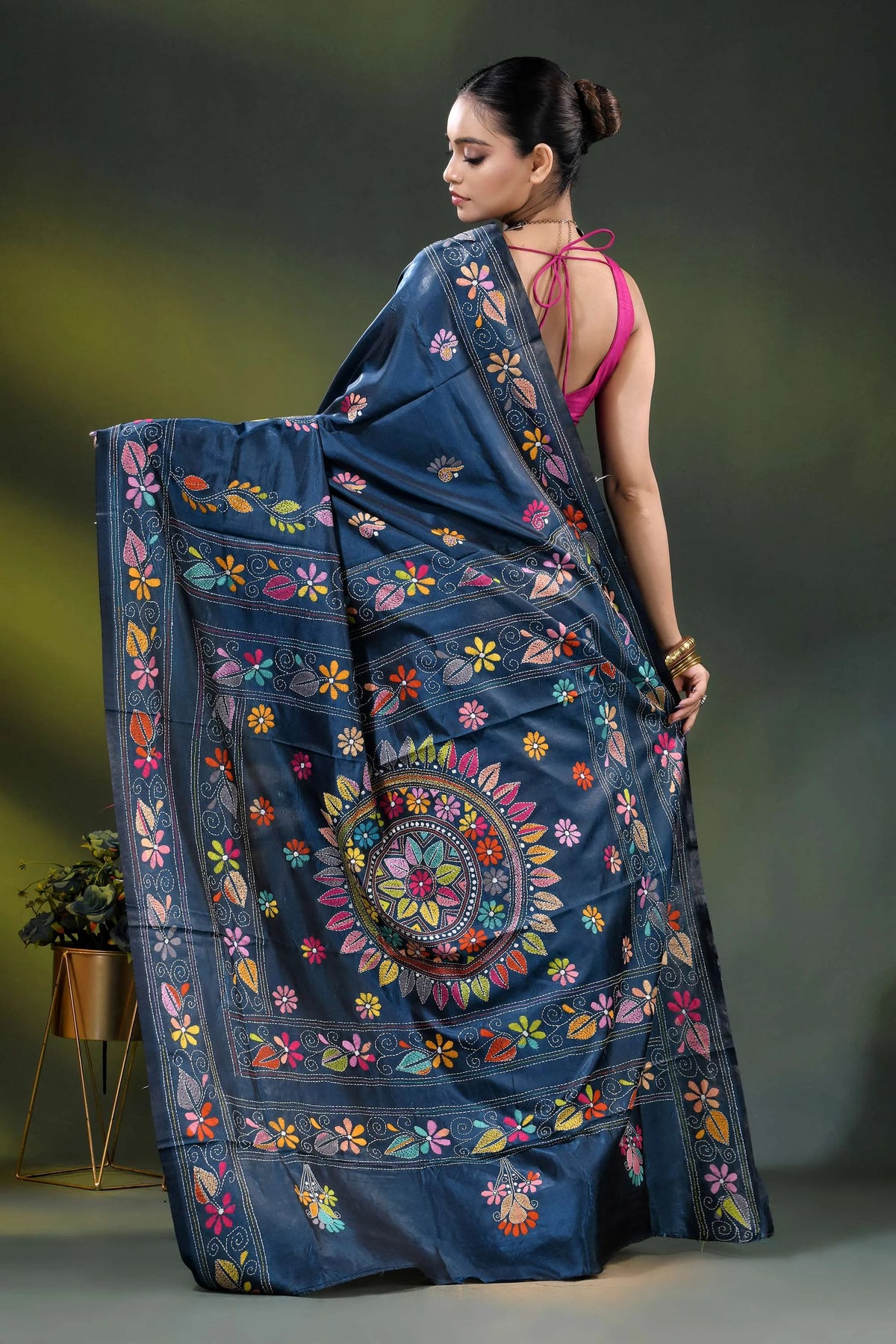 Handcrafted navy blue mandala design floral silk kantha stitch saree 5