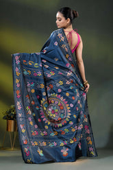 Handcrafted navy blue mandala design floral silk kantha stitch saree 5