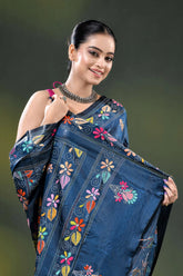 Handcrafted navy blue mandala design floral silk kantha stitch saree 2