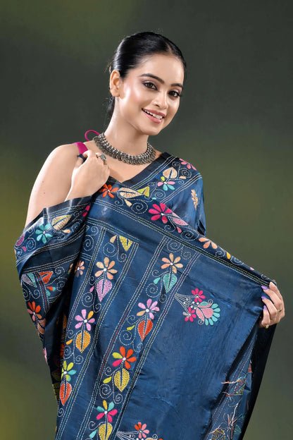 Handcrafted navy blue mandala design floral silk kantha stitch saree 2