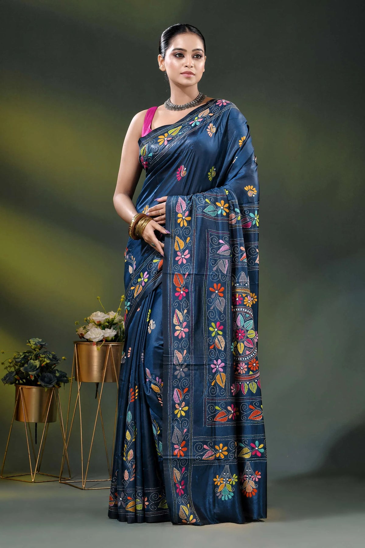 Handcrafted navy blue mandala design floral silk kantha stitch saree 1