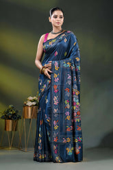 Handcrafted navy blue mandala design floral silk kantha stitch saree 1