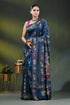 Handcrafted navy blue mandala design floral silk kantha stitch saree 1
