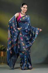 Handcrafted navy blue mandala design floral silk kantha stitch saree 4