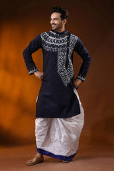Handcrafted navy blue men’s cotton kantha kurta with white geometric design 4