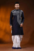 Handcrafted navy blue men’s cotton kantha kurta with white geometric design 1