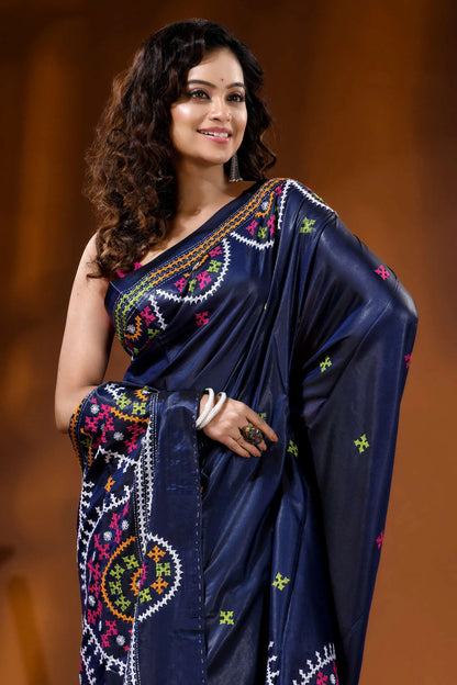 Handcrafted navy blue silk kutch embroidery saree multicolor ethnic motif 2