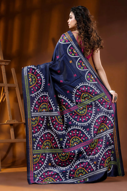 Handcrafted navy blue silk kutch embroidery saree multicolor ethnic motif 5