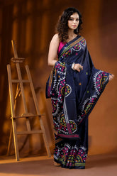 Handcrafted navy blue silk kutch embroidery saree multicolor ethnic motif 4