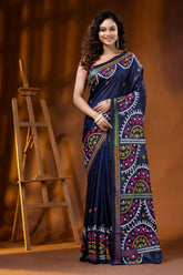 Handcrafted navy blue silk kutch embroidery saree multicolor ethnic motif 1