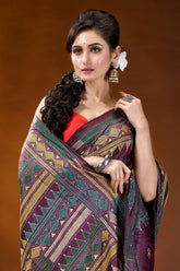 Handcrafted old mauve silk kantha work saree with geometric pattern woman wears richly patterned purple 6