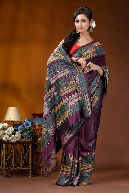 Handcrafted old mauve silk kantha work saree with geometric pattern richly patterned purple saree intricate 5