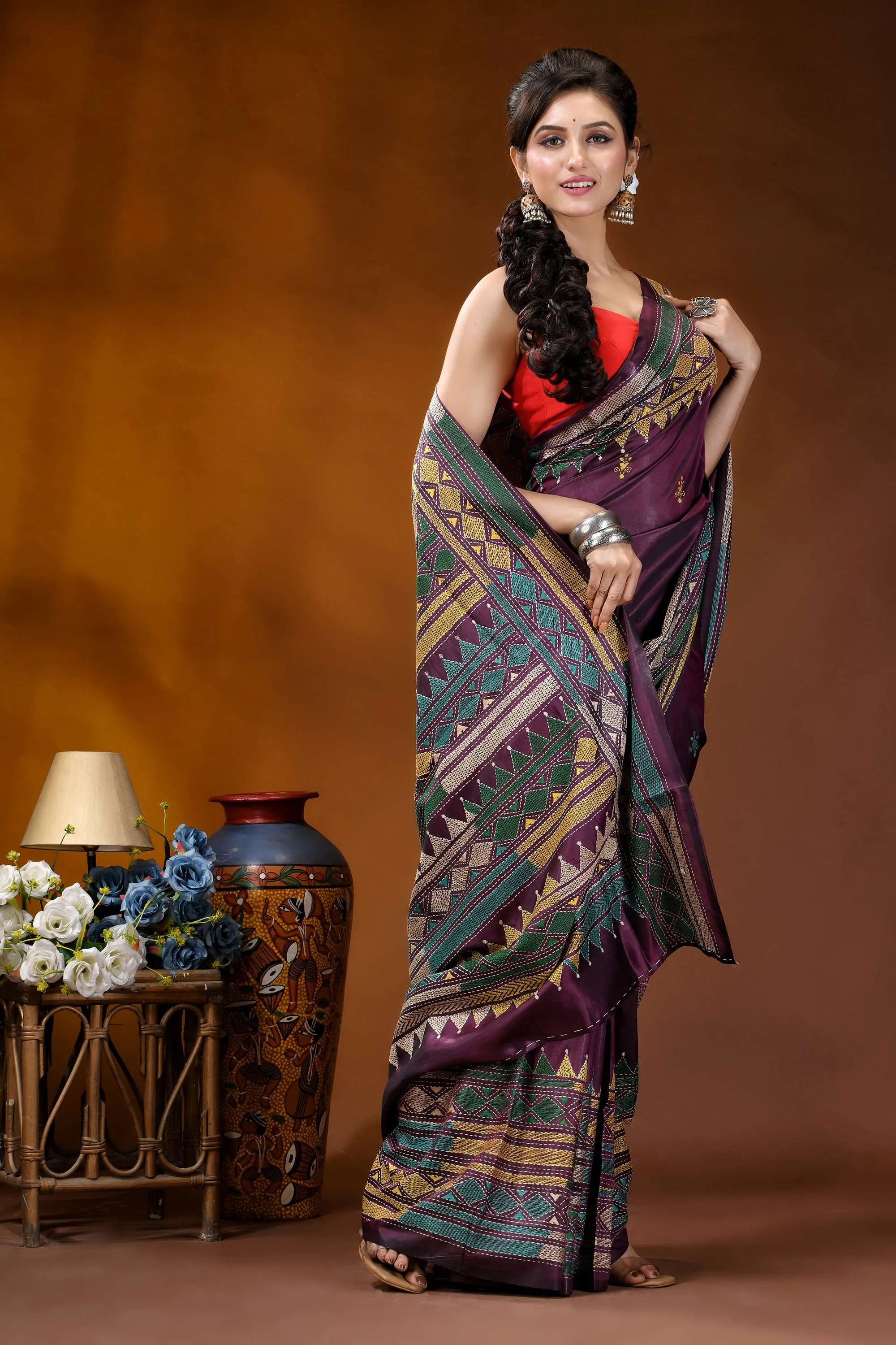 Handcrafted old mauve silk kantha work saree with geometric pattern woman wears vibrant purple saree 4