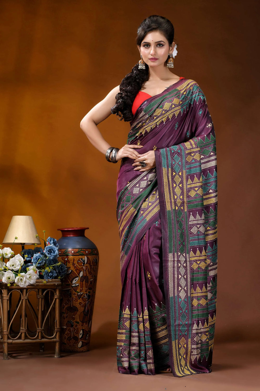 Handcrafted old mauve silk kantha work saree with geometric pattern richly patterned purple saree intricate 1