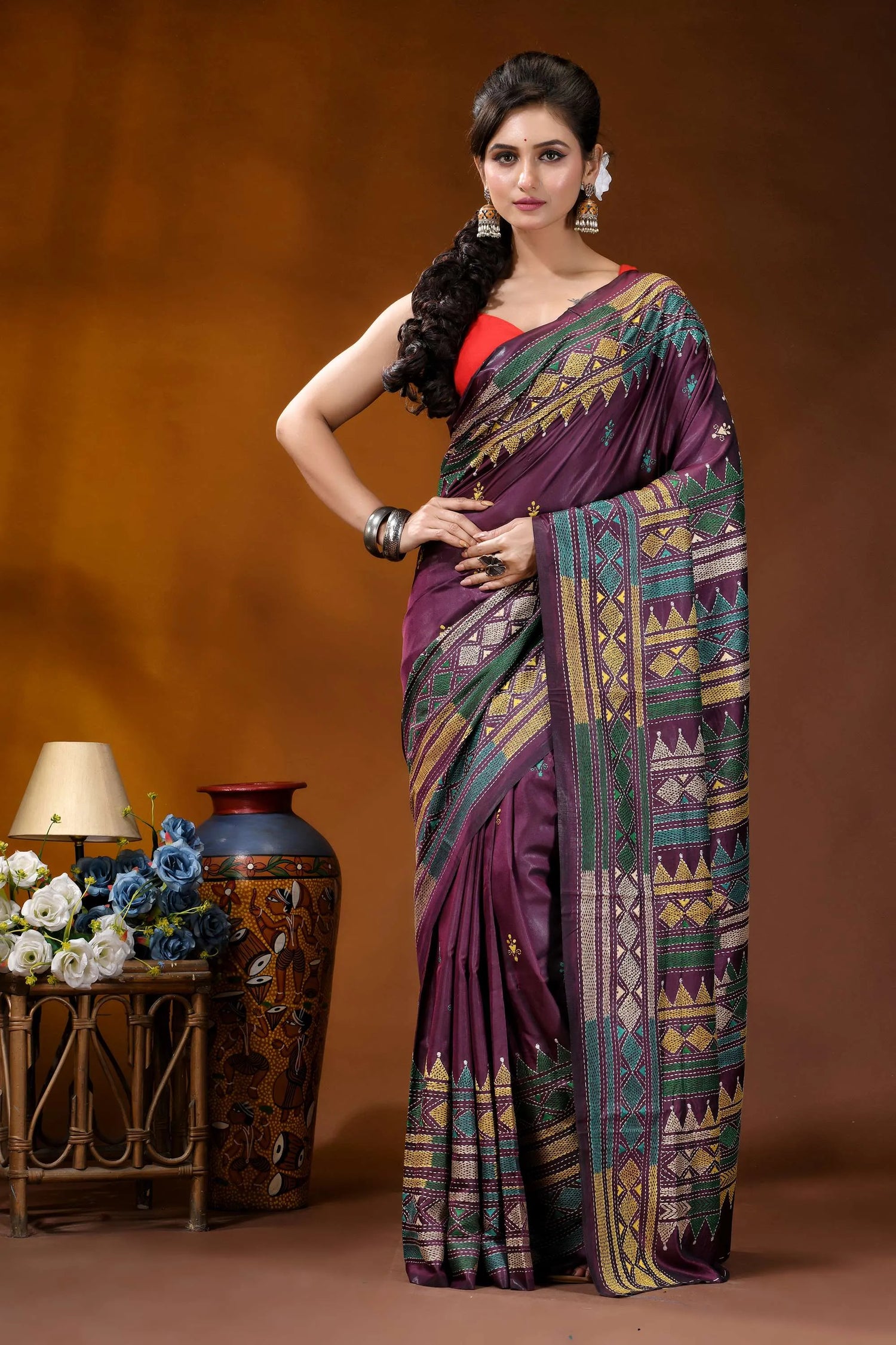 Handcrafted old mauve silk kantha work saree with geometric pattern richly patterned purple saree intricate 1