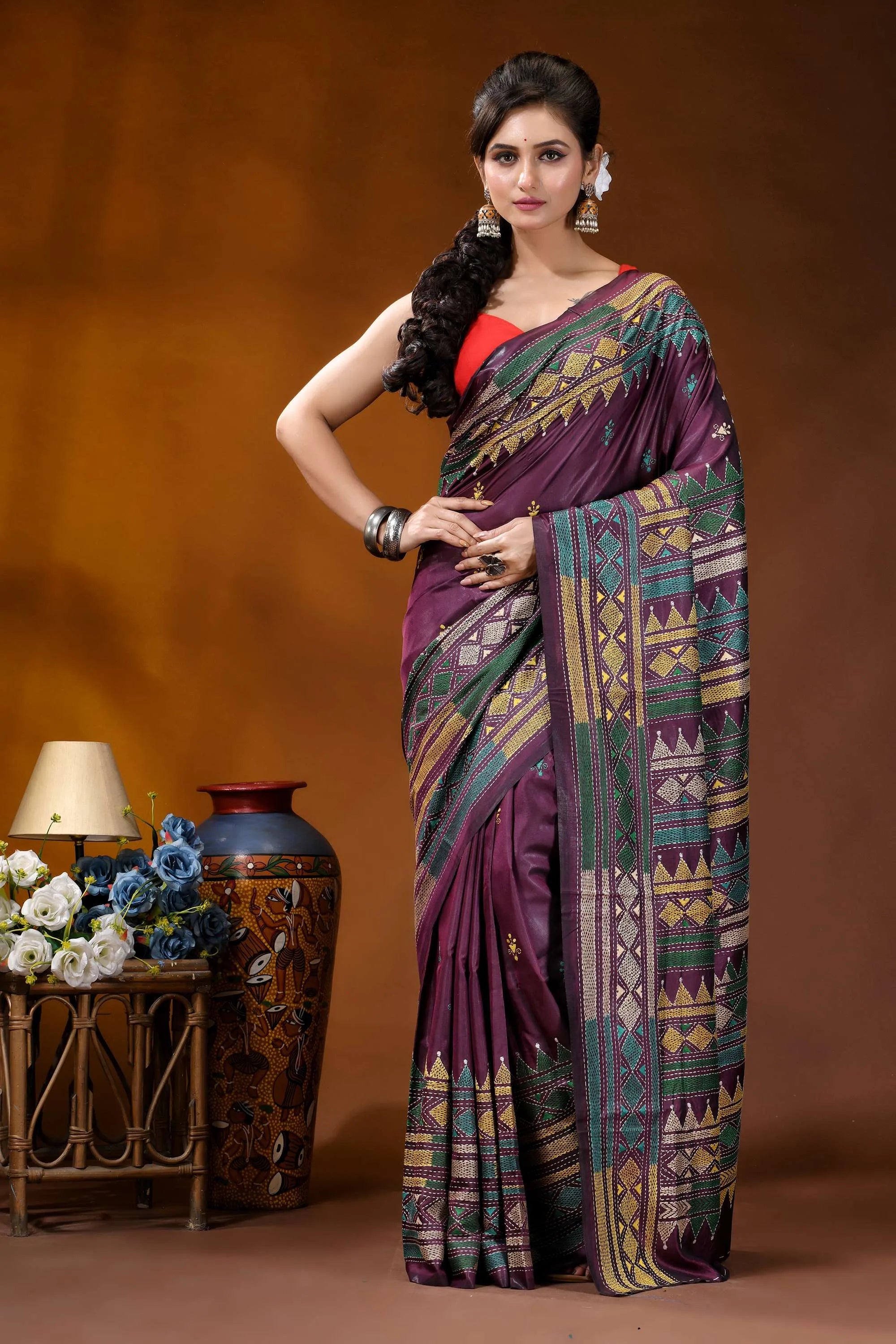 Handcrafted old mauve silk kantha work saree with geometric pattern richly patterned purple saree intricate 1