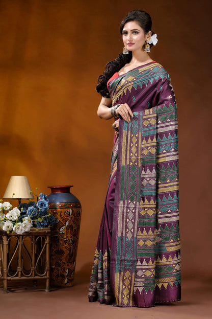 Handcrafted old mauve silk kantha work saree with geometric pattern richly patterned purple saree intricate 3