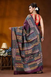 Handcrafted old mauve silk kantha work saree with geometric pattern richly patterned purple saree intricate 7