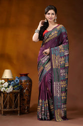 Handcrafted old mauve silk kantha work saree with geometric pattern woman wears rich purple saree 2