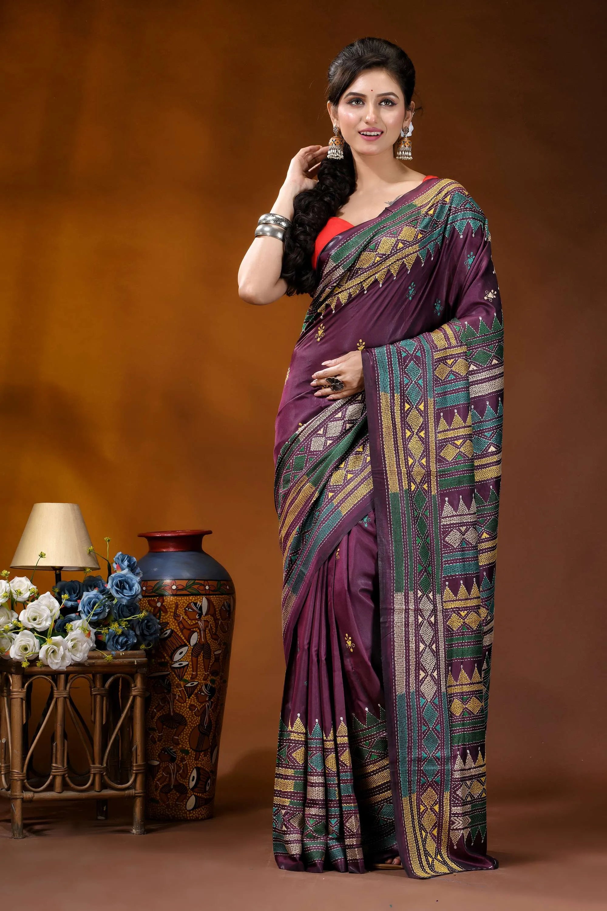 Handcrafted old mauve silk kantha work saree with geometric pattern woman wears rich purple saree 2