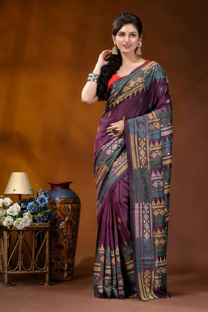 Handcrafted old mauve silk kantha work saree with geometric pattern woman wears rich purple saree 2