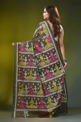 Handcrafted olive green ethnic geometric silk gujrati stitch saree 5
