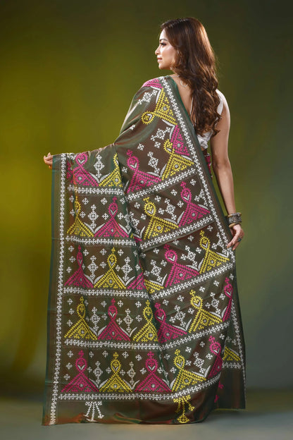 Handcrafted olive green ethnic geometric silk gujrati stitch saree 5