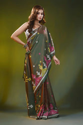 Handcrafted olive green ethnic geometric silk gujrati stitch saree 4