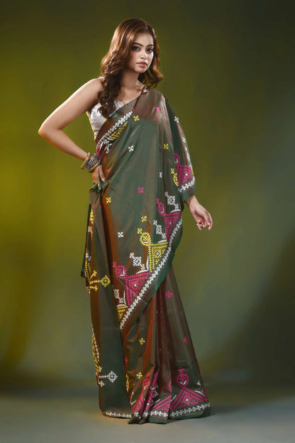 Handcrafted olive green ethnic geometric silk gujrati stitch saree 4