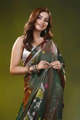 Handcrafted olive green ethnic geometric silk gujrati stitch saree 2