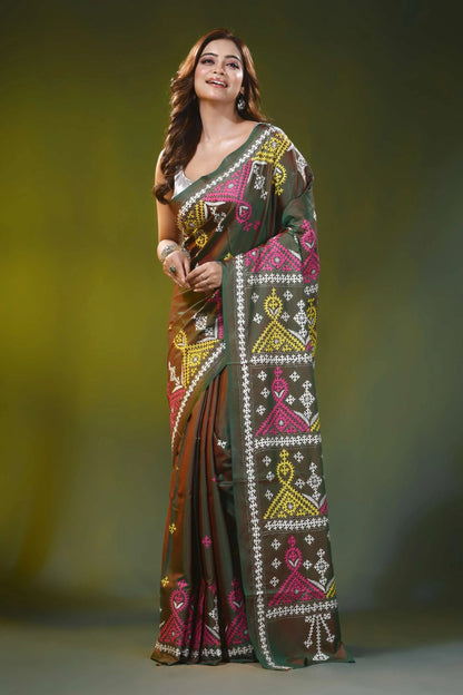 Handcrafted olive green ethnic geometric silk gujrati stitch saree 6