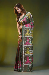 Handcrafted olive green ethnic geometric silk gujrati stitch saree 3