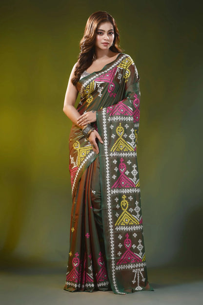 Handcrafted olive green ethnic geometric silk gujrati stitch saree 1