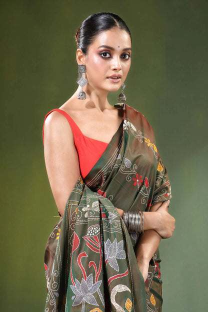 Handcrafted olive green nature theme silk kantha saree woman wears traditional 2