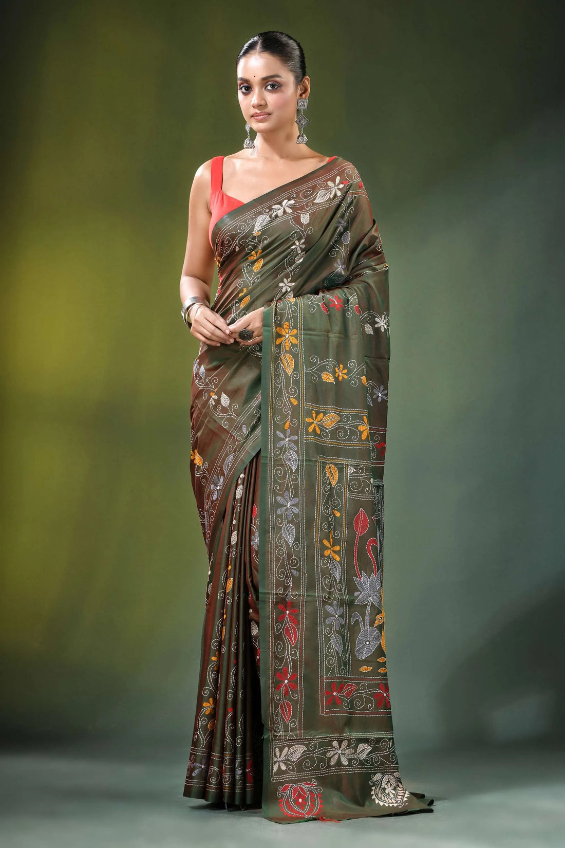 Handcrafted olive green nature theme silk kantha saree intricate 1
