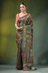 Handcrafted olive green nature theme silk kantha saree intricate 1
