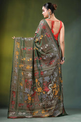 Handcrafted olive green nature theme silk kantha saree intricate 4