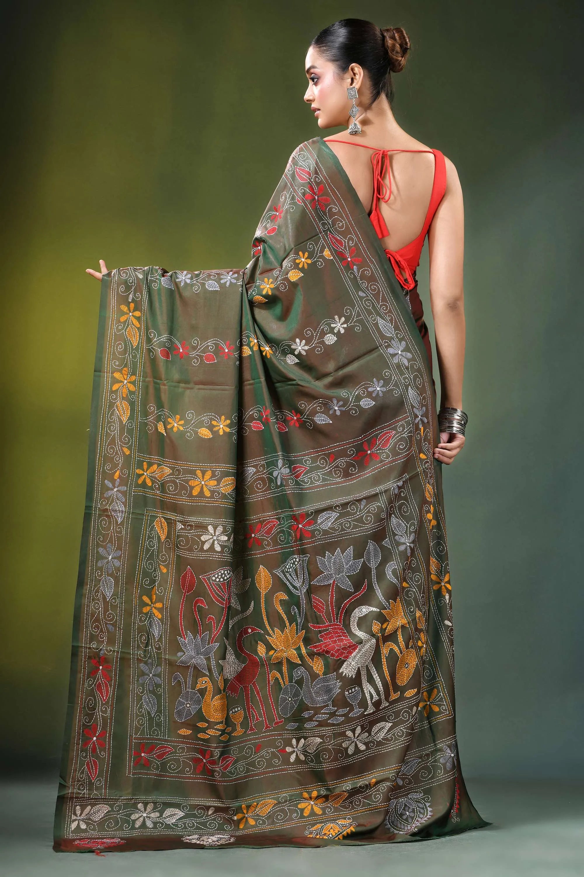 Handcrafted olive green nature theme silk kantha saree intricate 4