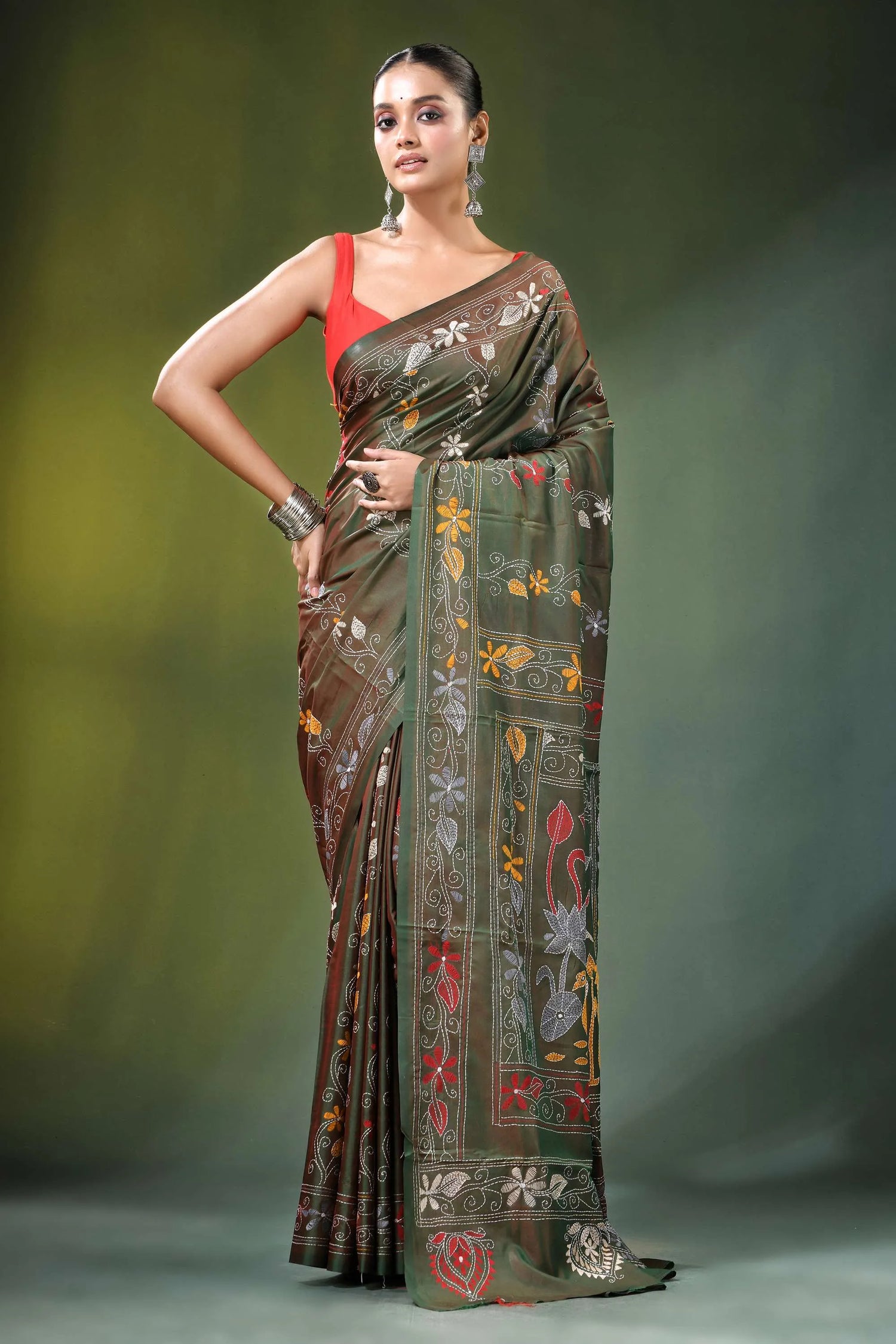 Handcrafted olive green nature theme silk kantha saree rich olive-green adorned 6