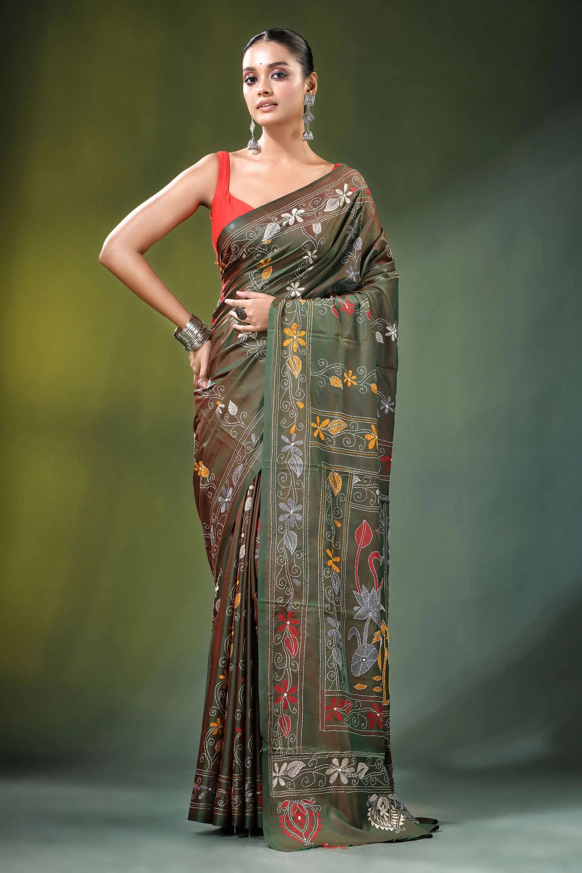 Handcrafted olive green nature theme silk kantha saree rich olive-green adorned 6
