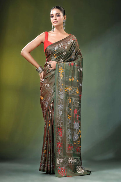 Handcrafted olive green nature theme silk kantha saree rich olive-green adorned 6