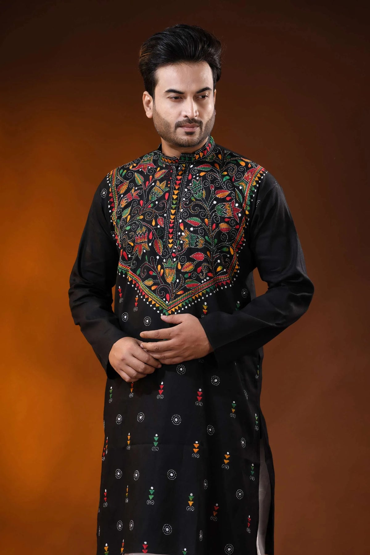 Handcrafted onyx black cotton kantha panjabi with multicolor work 2
