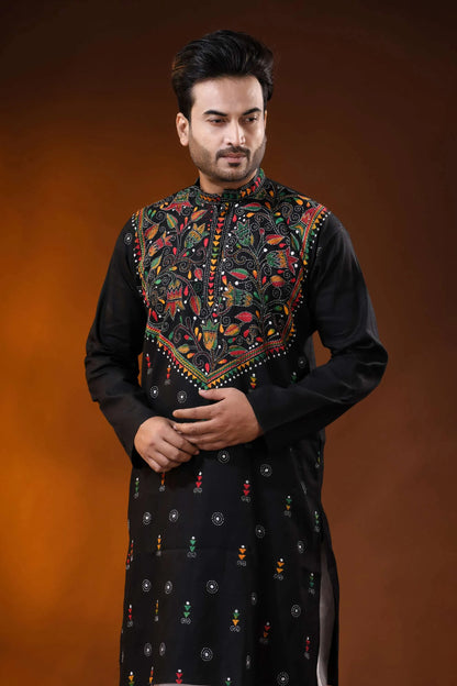 Handcrafted onyx black cotton kantha panjabi with multicolor work 2
