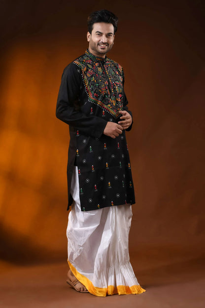 Handcrafted onyx black cotton kantha panjabi with multicolor work 4