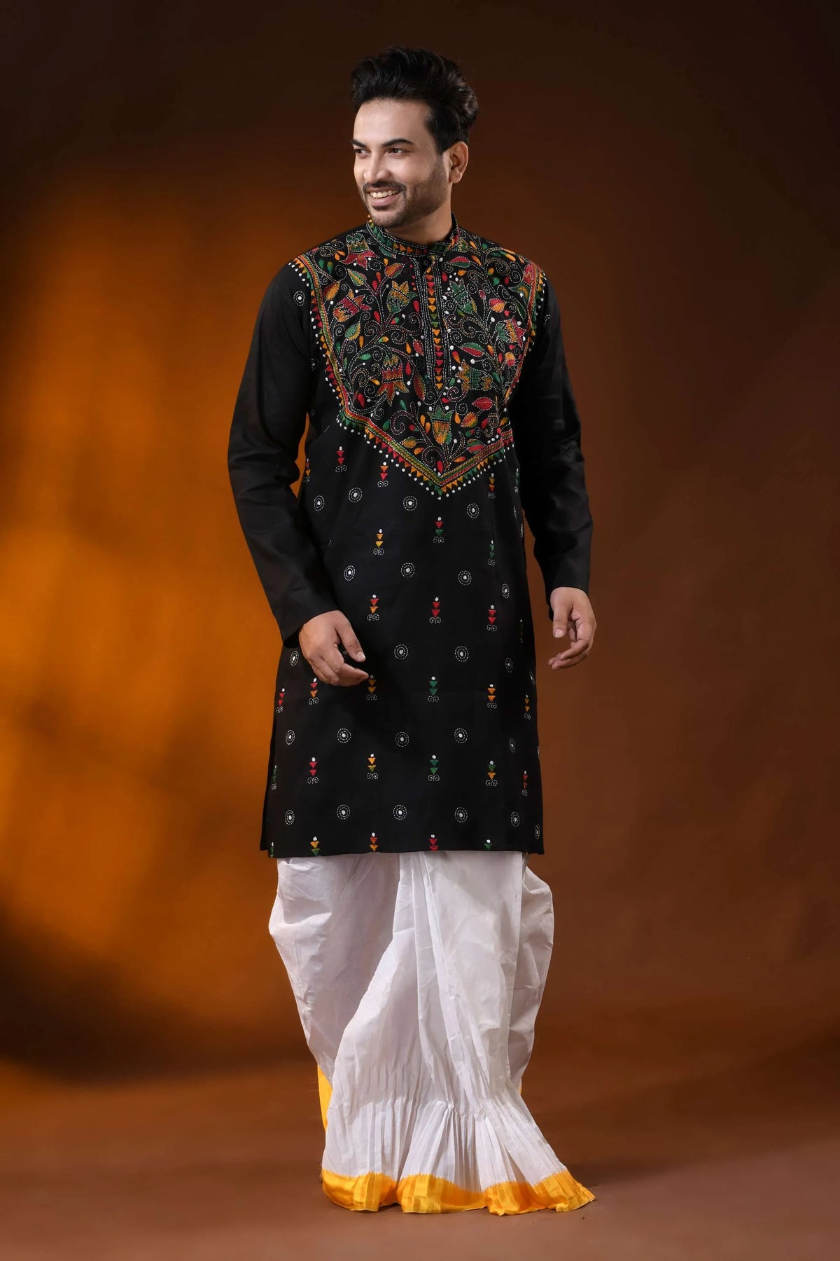Handcrafted onyx black cotton kantha panjabi with multicolor work 1