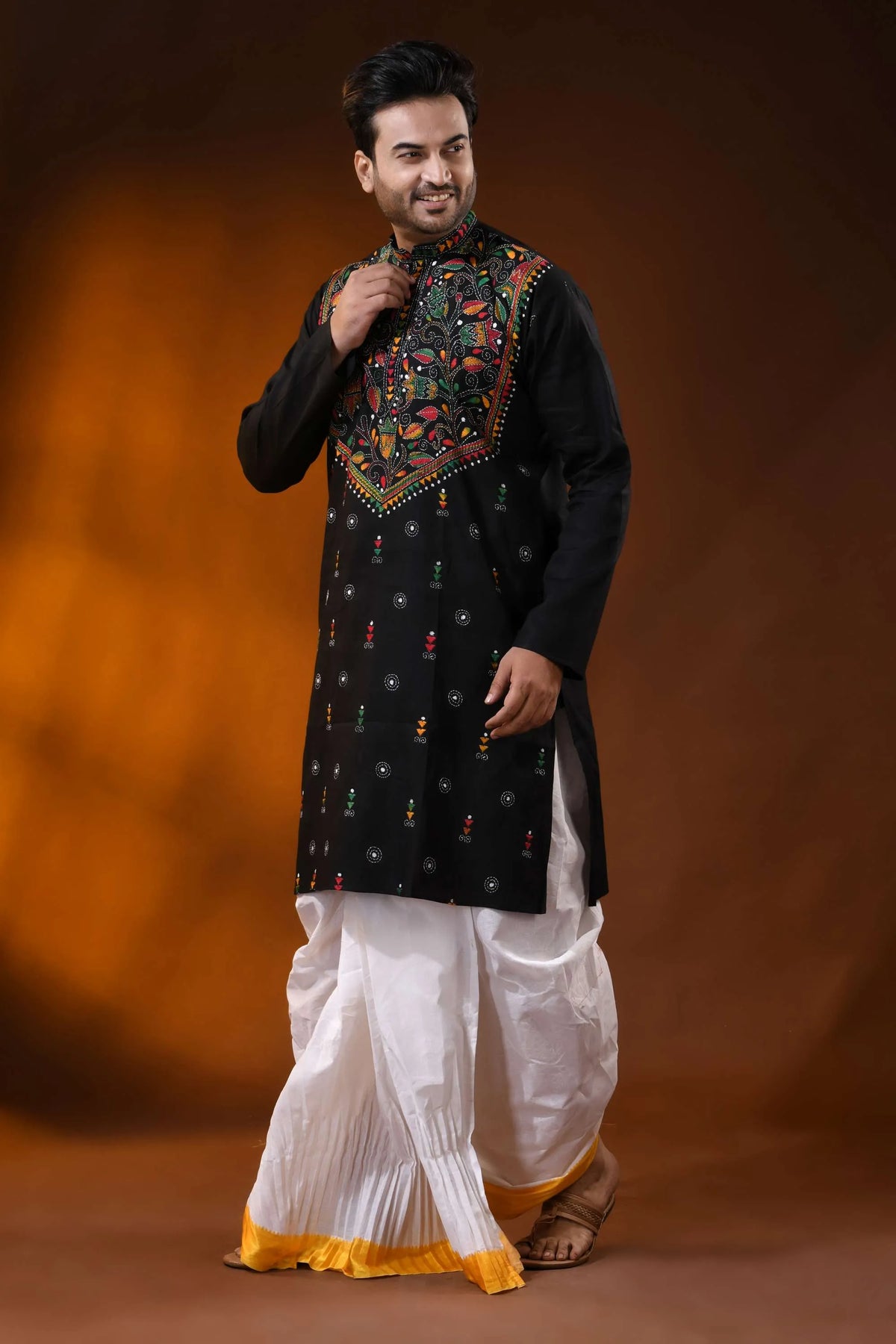 Handcrafted onyx black cotton kantha panjabi with multicolor work 3
